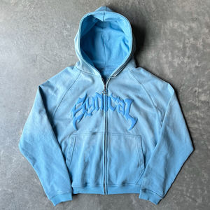 Sudadera con capucha de forro polar 100% algodón de alta calidad para hombre, con cremallera, lavado ácido vintage, efecto desgastado por el sol, estampado 3D personalizado en relieve, peso pesado - Product Image 1