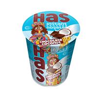 Nouilles instantanées frites au chocolat et à la noix de coco HAS en tasse 80g avec 18% de matières grasses, farine de blé, dessert innovant et saveur unique