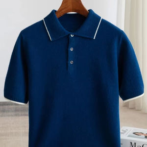 100% pull en mérinos été hommes revers pull à manches courtes POLO cou pull haut ample tricoté vêtements grande taille T-shirt - Product Image 1