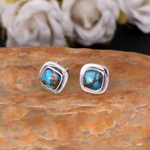 Copper Turquoise Sterling <b>Silver</b> Bezel Setting Luxury <b>Stud</b> <b>Earrings</b> for Women-Party Gift Boho Gemstone - Product Image 3