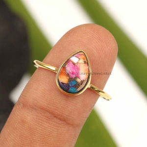 Bague en pierre précieuse turquoise cuivre Dahlia orange 7x10mm en forme de poire en argent sterling 925 plaqué or éternité vermeil bijoux bohème - Product Image 5