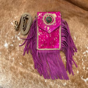 Pelo hecho a mano en cuero de vaca metálico turquesa flecos mujeres bandolera móvil bolso occidental cuero genuino Concho teléfono celular monedero - Product Image 4