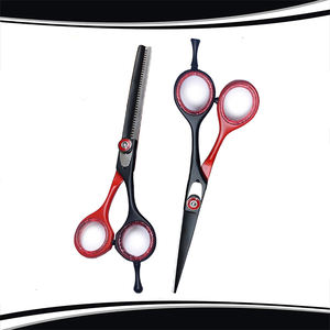 Kit de tijeras de adelgazamiento de peluquero de acero inoxidable, hermosos kits de peluquero de Color negro y rojo con reposapiés ajustable - Product Image 1