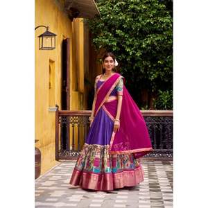 Venta al por mayor Poly Chanderi Lehenga Choli tradicional Kalamkari impreso nupcial Lehenga con bordado Zari para bodas - Product Image 1