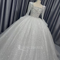 Robe de mariée Jancember CM37 vintage à col carré, ornée de cristaux et de manches bouffantes, style Empire