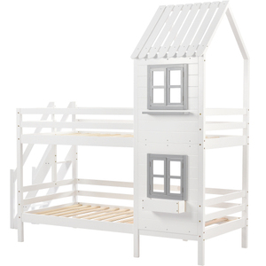 Twin Size House Bunk <b>Bed</b> with Safety Guardrail and Ladder - Solid Wood Frame Kids Loft <b>Bed</b> for Bedroom Furniture - Product Image 2