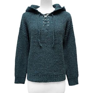 Trendy Women's Regular Sleeve <b>Merino</b> <b>Wool</b>/Nylon Alpaca Blend Melange <b>Chunky</b> Rib Knit V-neck Hooded Customized Sweater - Product Image 1