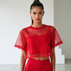 Voir à travers les t-shirts à manches courtes femmes Sexy Transparent Shine t-shirts dames voir à travers les chemises de culture en maille transparente - Product Image 1