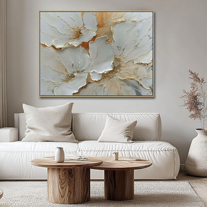 Cuadro Grande Hecho a Mano en Yeso con Flores Doradas y Blancas, Arte Moderno en Lienzo con Textura, Cuadros de Flores, Diseño Moderno Quadri Arte - Product Image 4