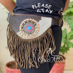 Riñonera de piel de vaca cosida a mano en cinturón de bolsillo de cadera negro cinturón de bolsillo de cintura flecos cinturones de flecos de pelo de vaca - Product Image 1