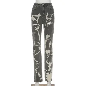 Jeans Ajustados de Cintura Alta con Decoración Desgarrada y Apilada, Mezclilla Moderna con Detalles de Agujeros - Product Image 3