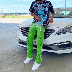 Logo imprimé personnalisé poche à fermeture éclair pantalon Cargo lourd 100% coton vierge éponge française empilés pantalons de survêtement évasés pour hommes - Product Image 1