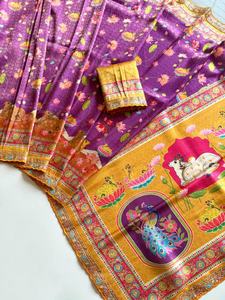 Sari en crêpe de soie doux Dola avec tissage jacquard, imprimé numérique Kalamkari, broderie et travail de découpe, fabriqué en Inde, en stock pour femmes - Product Image 3