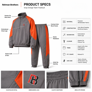 Gray Orange Color Windbreaker Tracksuit Set Quarter Zip Pullover <b>Joggers</b> Elastic Waist Side Pockets <b>Nylon</b> Unisex Sporty Set - Product Image 5