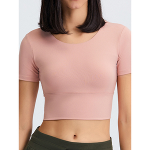 เสื้อครอปเปิดหลังสำหรับผู้หญิงเสื้อครอปเอวลอยทรงสปอร์ตเสื้อโยคะเปิดหลังไขว้ด้านหลังแขนสั้น - Product Image 3