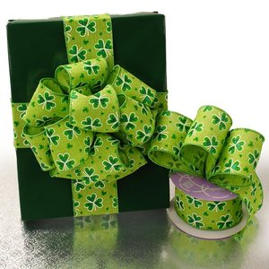 St. Patrick's Day Shamrock Natural <b>Ribbon</b> 100% Polyester Luxury Single Face Grosgrain Fabric Printed Embroidered Flowers Pattern - Product Image 1