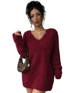Robe pull en tricot moelleux bordeaux pour femmes, col en V, manches longues, douce et moelleuse, chaude pour l'hiver, mode, fabricant en gros OEM, sur mesure - Product Image 1