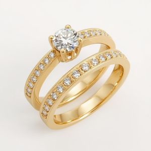 Ensemble de bague de fiançailles en or véritable 10 carats plaqué rhodium avec diamant solitaire et bande pavée à grains fins, bijoux fins pour mariage et fête - Product Image 1