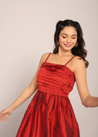 Gaun Midi Maroon Model Bust Fitted Lengan Panjang Bahan Taffeta untuk Musim Panas, Gaun Pesta Modis Gaya Barat Satu Potong untuk Wanita