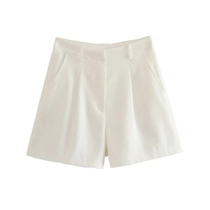 กางเกงขาสั้นผ้าลินินเอวสูงแนววินเทจของผู้หญิงมีจีบด้านหน้ามีซิปรูดรูดปิดกางเกงแฟชั่นมีกระเป๋า - Product Image 5