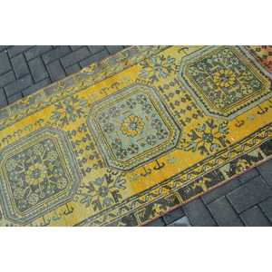 3.3x10.3 ft Turkish Runner Rug, Vintage <b>Yellow</b> Ombr Rug - Product Image 5