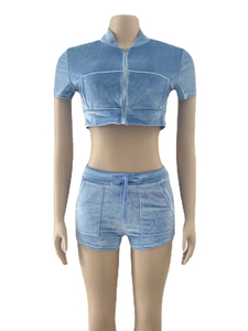 Conjunto de dos piezas de verano para mujer, pantalones cortos de manga corta con cremallera completa de terciopelo con decoración de encaje, venta al por mayor - Product Image 4