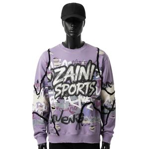 Sweat-shirt pour homme en coton mélangé 330 GSM, violet, design graffiti délavé, broderie personnalisée, impression de logo, sweat-shirts basiques - Product Image 1