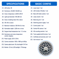 Lampe chirurgicale LED dentaire électrique sur pied, CRI élevé 95-96, 140000 Lux, lampe orale sans ombre, 48 perles LED pour implants