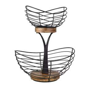 Cesta de fruta de alambre Vintage de 2 niveles con Base de madera, Mostrador de cocina, soporte de frutero para suministros de limpieza de alimentos, zapatos, bolsas de especias - Product Image 1