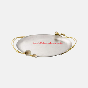 Elegante bandeja de acero inoxidable con mango de diseño de hojas Bandeja para servir aperitivos y café de gran tamaño Venta en platos y platos - Product Image 6