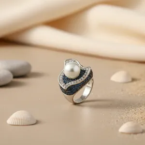 Anillo Ajustable con Perlas y Piedras Preciosas Plateadas, Joyería Moderna para Mujer, Talla Única - Product Image 3