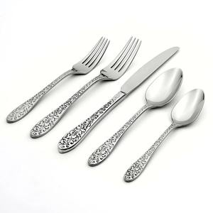 Silver <b>Wood</b> Eco-Friendly Luxury Flatware Set Black Floral Scroll Pattern Engraved Handle Cutlery Service Vintage Style - Product Image 1