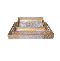 Plateau de service moderne en bois imprimé, écologique, fait main en Inde, centre de table décoratif pour le Ramadan, ensemble de 3 pièces