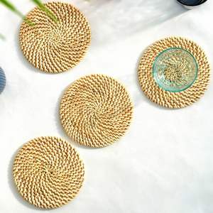 Handwoven Rattan Round Coasters with Holder Pottery Insulated Heat <b>Woven</b> <b>Placemats</b> Eco-Friendly Coaster Set - Product Image 3