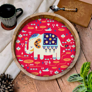 Bandeja de servicio impresa de madera con diseño de elefante con cortes de mango bandeja de servicio de aspecto brillante de esmalte redondo - Product Image 1