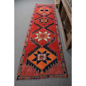 Vintage <b>Runner</b> Rug 3.1x10.6 ft, <b>Red</b> Polka dot Turkish Wool Rug - Product Image 1