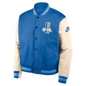 เสื้อแจ็คเก็ตเบสบอลแบบวาร์ซิตี้ รุ่น Custom Team Letterman สำหรับผู้ชาย สีน้ำเงินครีม ของทีมดีทรอยต์ ไลออนส์ รุ่น Rewind Legacy แบบติดกระดุมเต็มตัว - Product Image 6