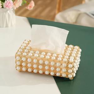 Boîte de rangement pour mouchoirs en tissu moderne, luxueuse, écologique, tendance, en métal doré et perles blanches - Product Image 6