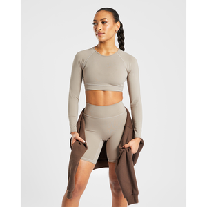 Meilleure vente en sourdine Taupe femmes agrafe manches longues haut court 4 voies Stretch Super doux léger entraînement haut court t-shirts pour les femmes - Product Image 6