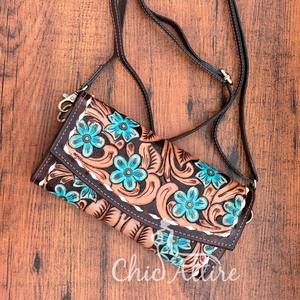 High Quality Hand Tooled Leather Women Purse Genuine Leather Crossbody <b>Turquoise</b> Floral Wallet Western Boho Floral Cowhide Bag - Product Image 1