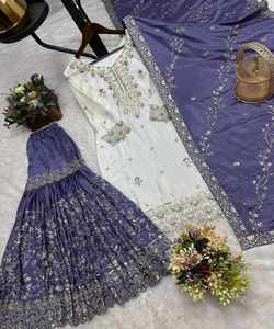 เสื้อชิโน่ลำดับแฟนซีเสื้อทำงาน sharara กับ dupatta ชุดปาร์ตี้ขายส่งราคาเสื้อผ้าชาติพันธุ์ลาเวนเดอร์ปากีสถาน - Product Image 3