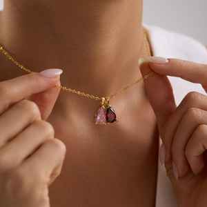 925 Sterling Silver 14K Gold Plated Large Drop <b>Birthstone</b> Ruby Pendant <b>Necklace</b> Personalized Jewelry Gift - Product Image 3