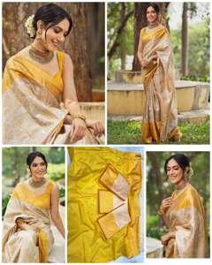 High Quality Heavy Jacquard Silk <b>Sarees</b> with <b>Golden</b> Big Jacquard Weaving Border Indian & Pakistani Clothing - Product Image 1