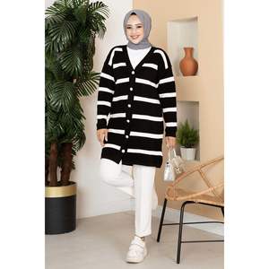 Cárdigan de punto con detalle de botones a rayas para mujer, jersey negro informal largo con decoración de patrón, tela de camiseta - Product Image 1