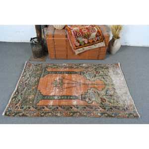 Tapis turc vintage en laine, patchwork écologique, tapis Ombré 3,2x5,1 pieds, orange vert, avec support en latex - Product Image 3