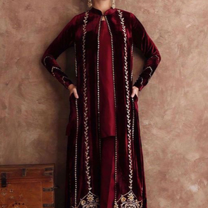 NEW KURTA & PANT WITH <b>JACKET</b> ON VELVET FABRIC EMBELLISH CRYSTAL GLASS BEADS, DABKA WORK for Party-WEAR @ 2022 - Product Image 1