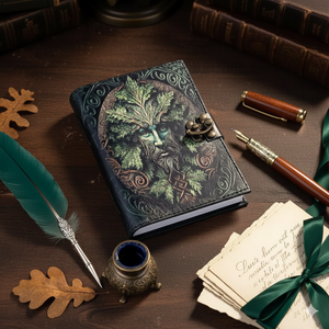 New Era Vintage A5 Premium <b>Notebooks</b> Green Man Print Leather <b>Hardcover</b> Journal Sketchbook Handmade Deckle Paper Latch Gift - Product Image 6