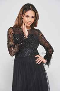 Robe noire pour la fête et le cocktail o cou et les manches pleines pleine longueur paillettes perlées et la robe brodée - Product Image 6