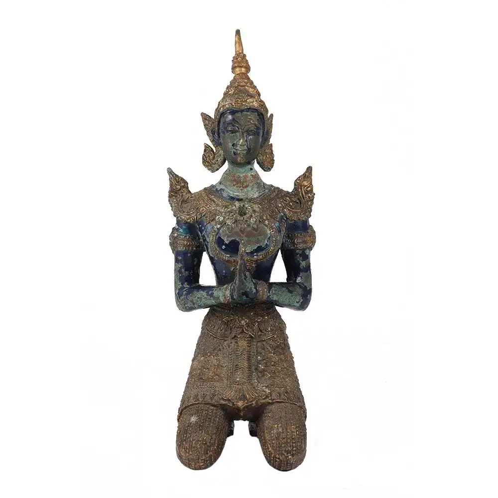 인도 황동 골동품 타이 천사 Teppanom 무릎을 꿇고 Namaste 조각 입상 동상 홈 장식 선물 항목 37x17 cm SNS-1596