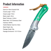 Couteau de poche pliable sans verrouillage BoChen, manche vert, os de vache teint, lame en acier Damas VG10, couteau de survie EDC pour l'extérieur